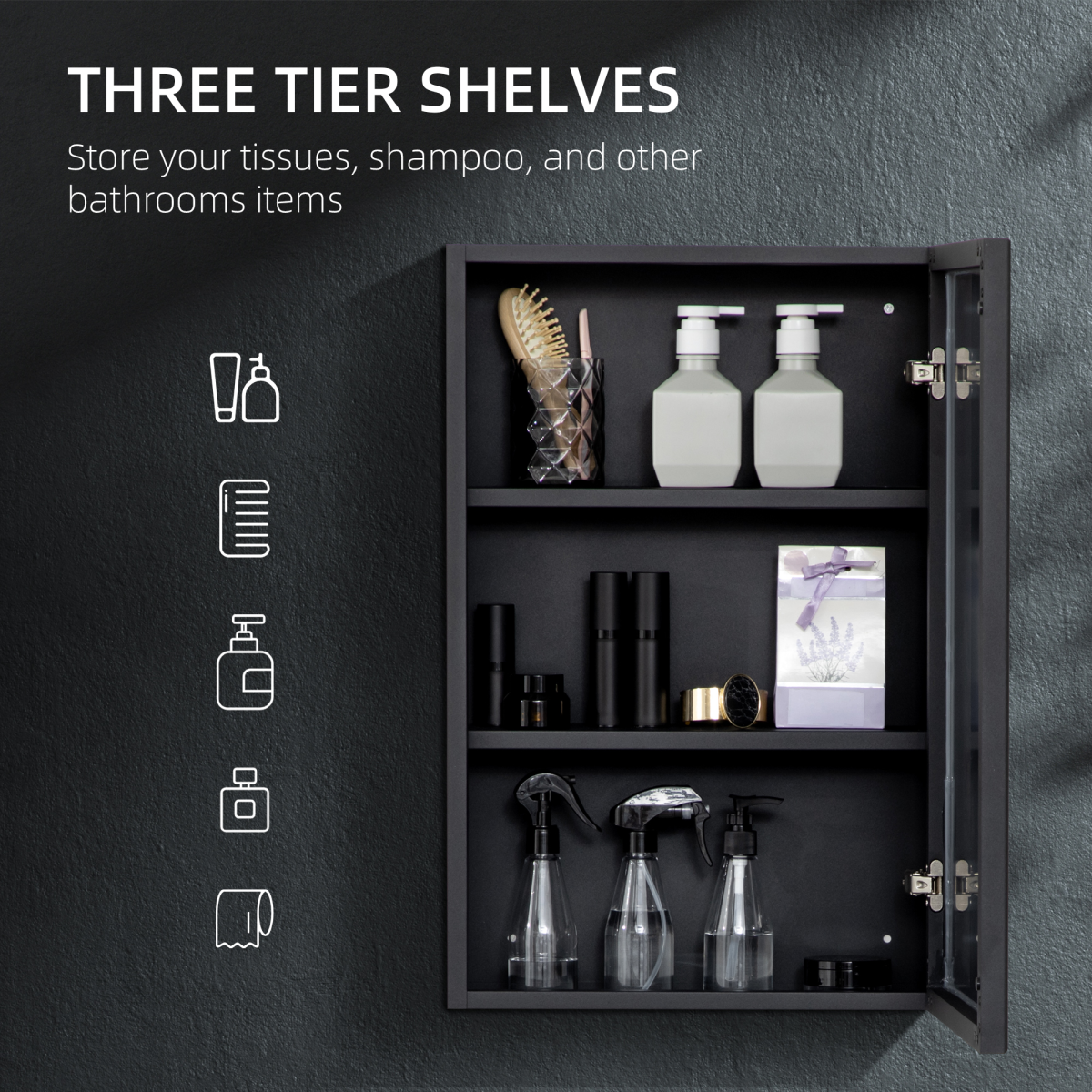 Wall Mounted Bathroom Cabinet With Mirror Three-Tier Shelves Black 60H