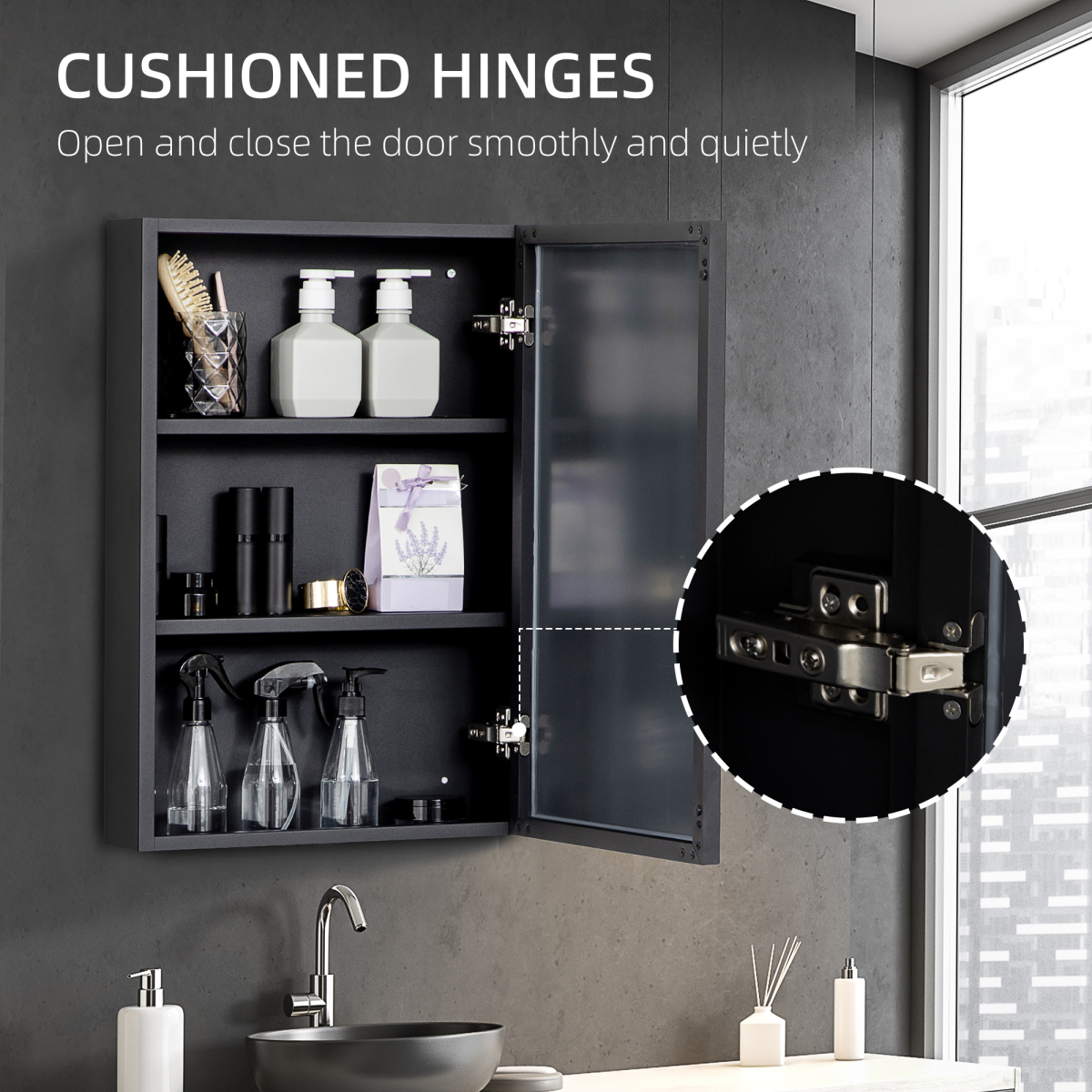 Wall Mounted Bathroom Cabinet With Mirror Three-Tier Shelves Black 60H
